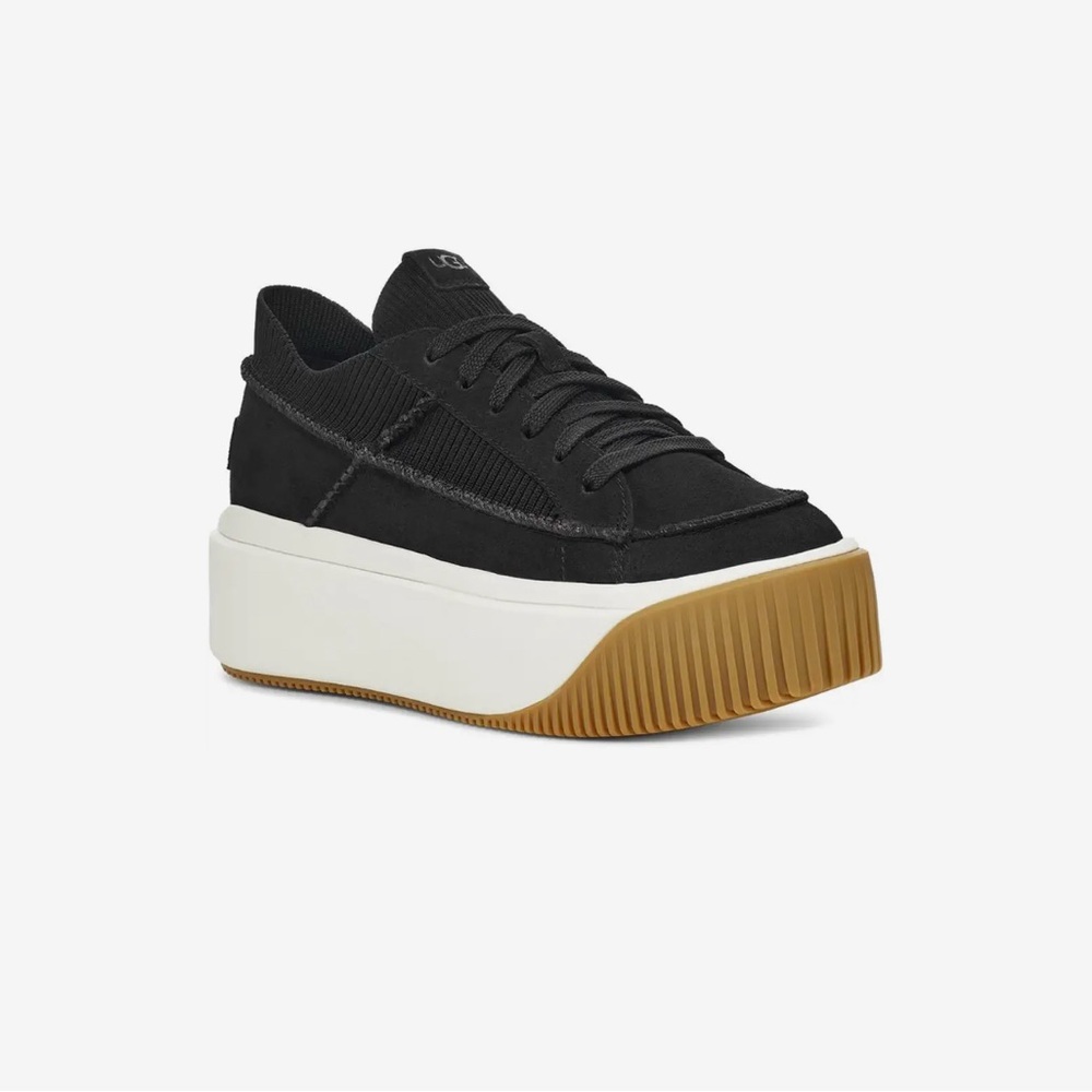 UGG Black Knit & Suede Platform Sneakers with White Midsole and Gum Outsole